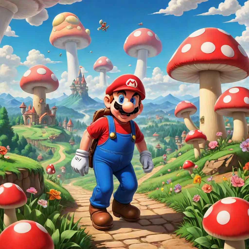 a mario running through a forest with mushrooms on the ground and a castle in the background with a bird flying over it, fantasy art, an ultrafine detailed painting, Chris LaBrooy, rossdraws global illumination