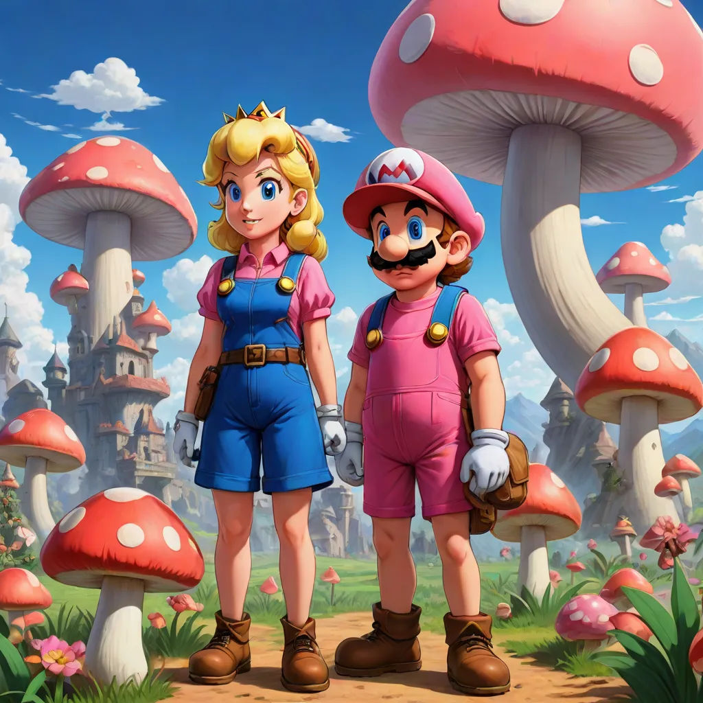 a man and a woman standing in front of a mushroom forest with a mushroom house in the background and a sky background, sots art, concept art, Chris LaBrooy, official art