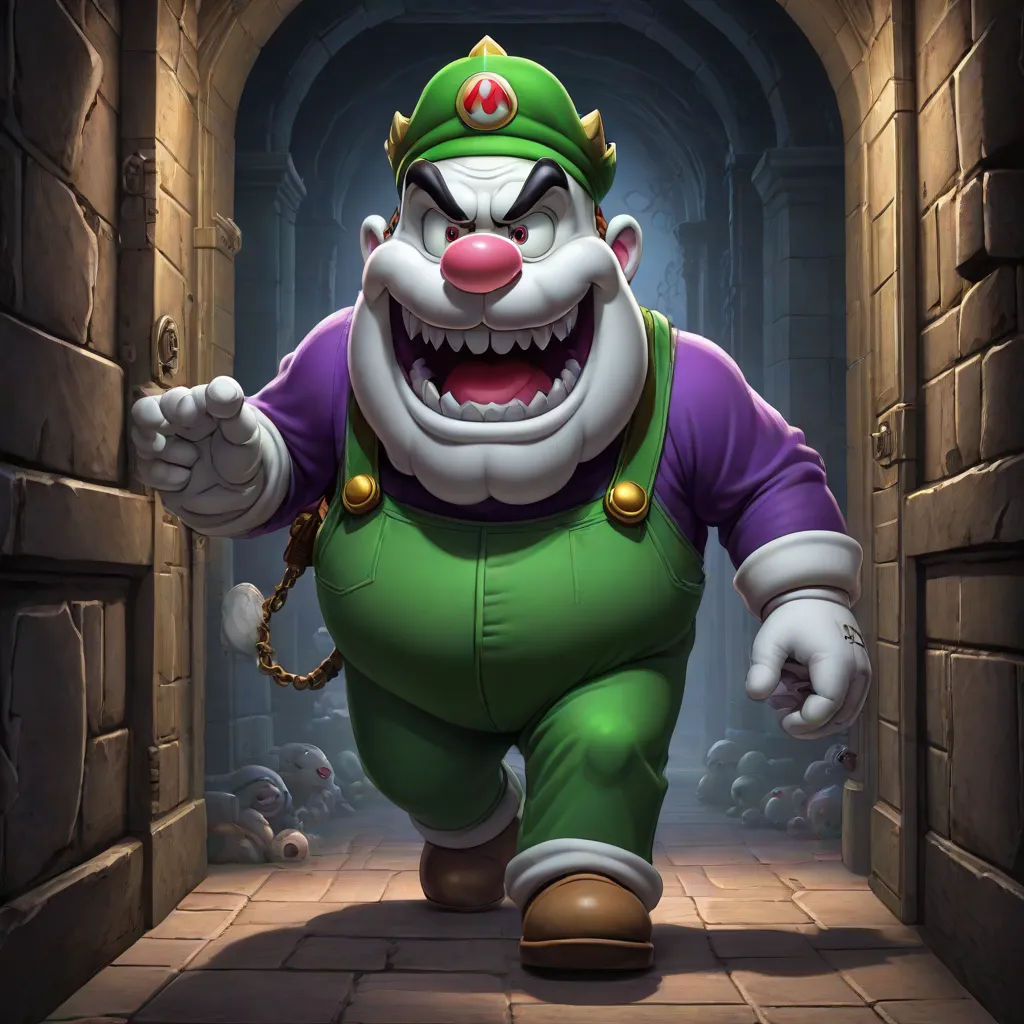 a cartoon character is walking through a tunnel with a green outfit and purple shirt on and a red nose, sots art, concept art, Dan Luvisi, official art