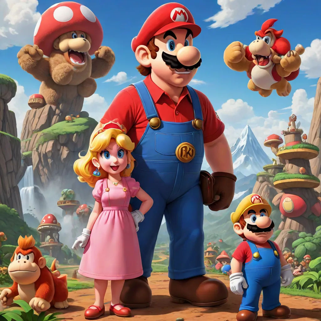 a man and a woman standing in front of mario and luigi in a cartoon style scene with other characters, sots art, concept art, Chris LaBrooy, official art
