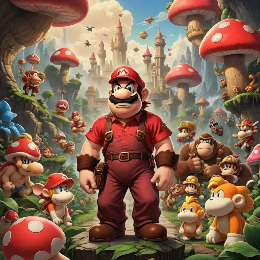 a mario bros poster with many different characters in the background and a mushroom forest in the background with a man in a red shirt, sots art, concept art, Chris LaBrooy, official art