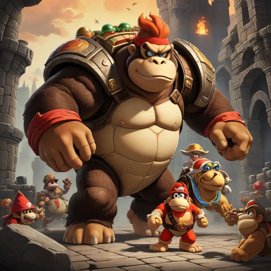 a cartoon character with a bunch of other characters in front of him and a castle in the background with a giant, muscular monkey, sots art, concept art, Alex Horley, official art