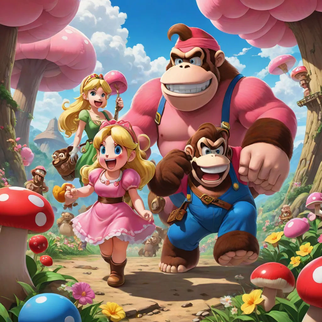 a group of people in a cartoon style scene with mario and princess peaches in the background, and a mushroom - covered forest, sots art, concept art, Chris LaBrooy, official art