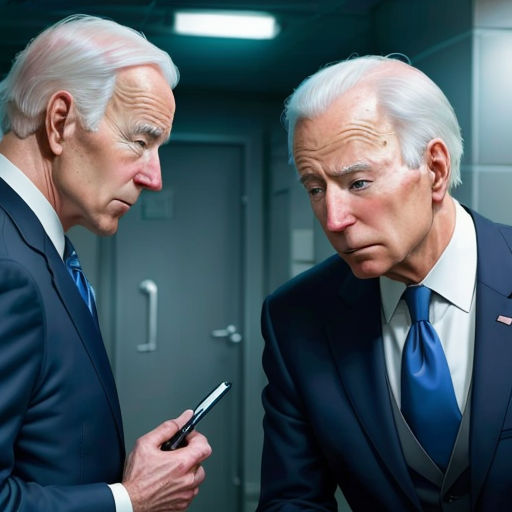 two men in suits looking at a cell phone together in a hallway of a building with a door open