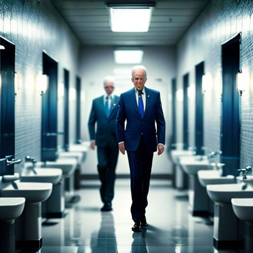 two men in suits walking through a bathroom with sinks and urinals on the walls and a tiled floor