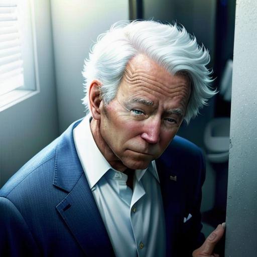 a man with white hair and a suit looks out of a window in a bathroom with a toilet in the background