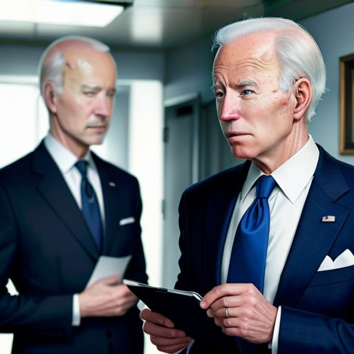 two men in suits are looking at something on a clipboard in a room with a mirror and a door