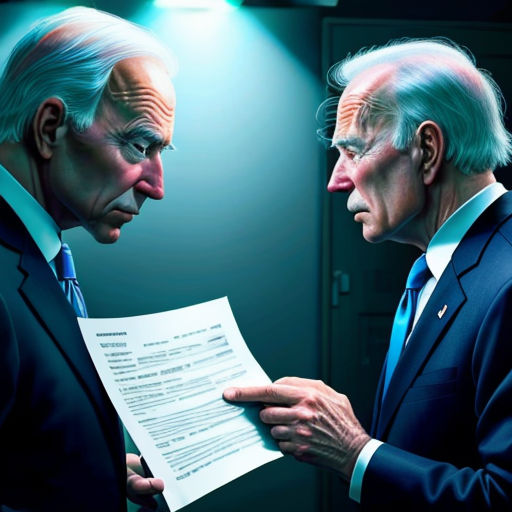 two men in suits looking at a piece of paper with a question mark on it in front of them