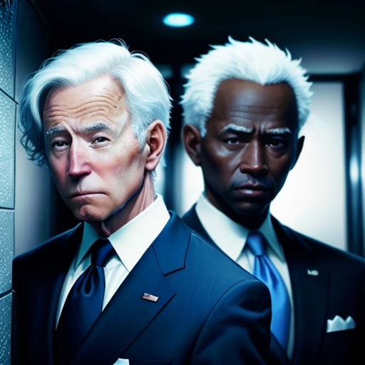 two men in suits and ties standing in a hallway with a wall behind them and a door leading to another room