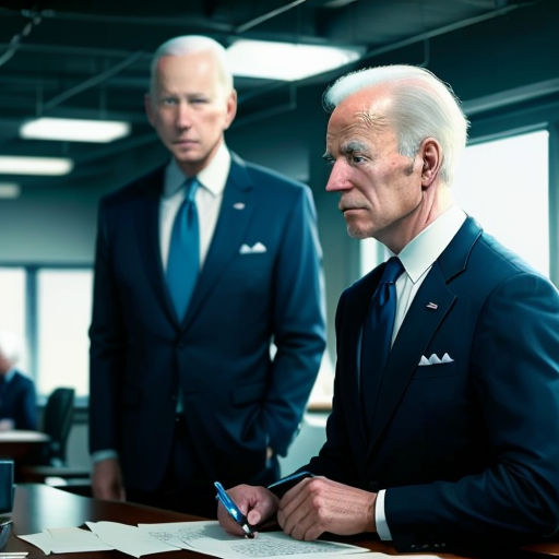 two men in suits are standing in an office setting, one of them is looking at a piece of paper