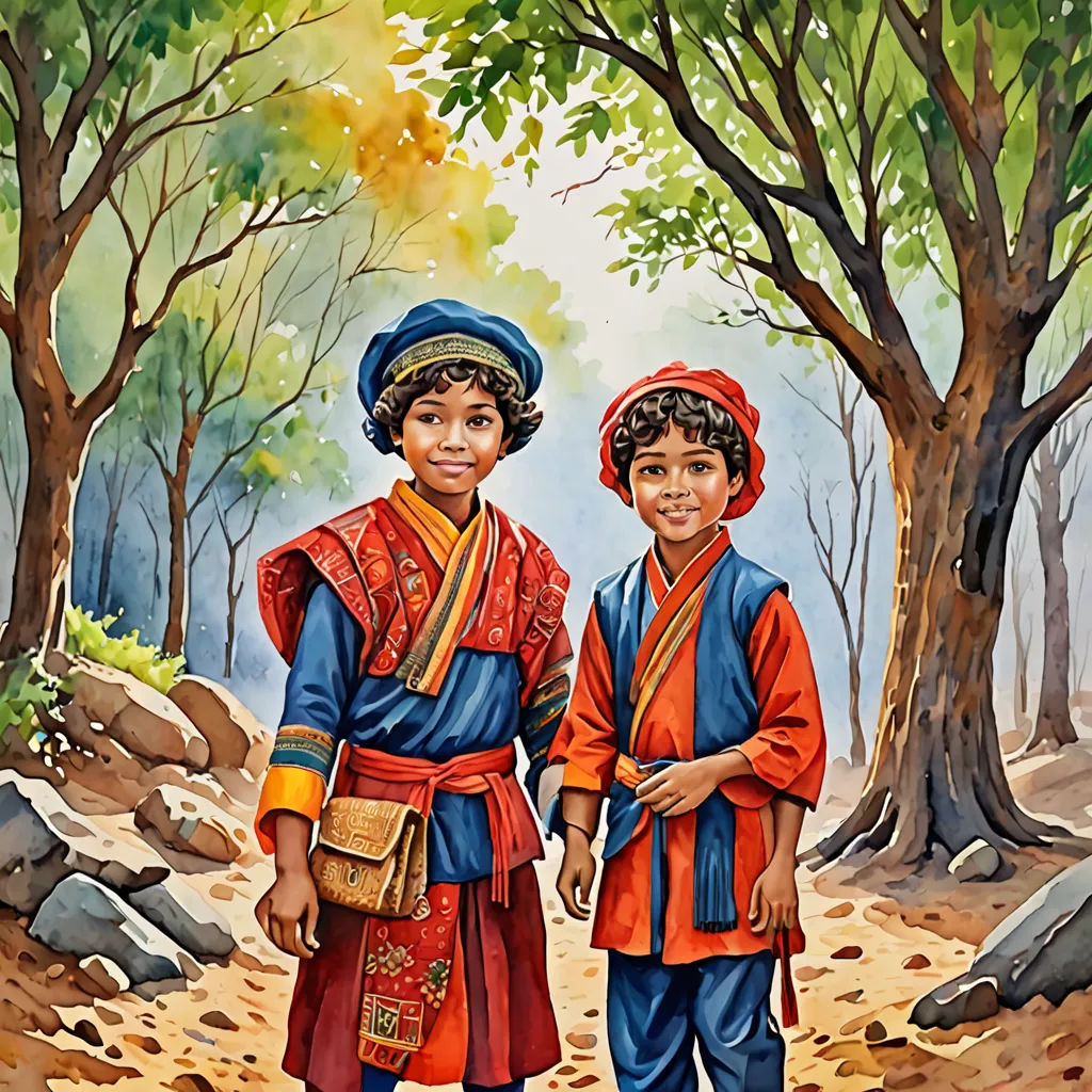 two children in colorful clothing standing in a forest with trees and rocks in the background, one of them is wearing a red and blue outfit, naive art, a storybook illustration, Brothers Hildebrandt, in gouache detailed paintings