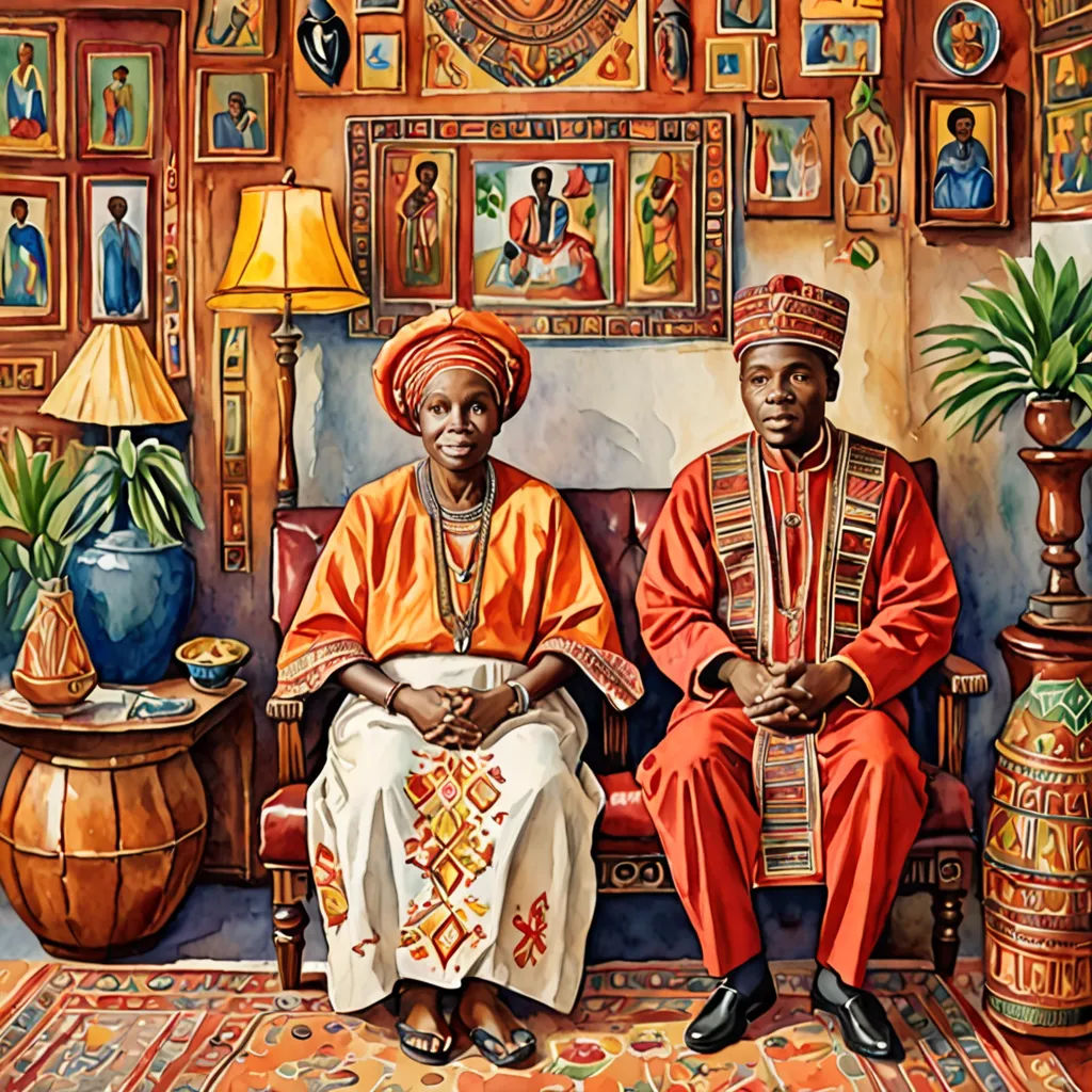 a painting of two people sitting on a couch in a room with pictures on the wall and a lamp, naive art, a detailed painting, Chinwe Chukwuogo-Roy, highly detailed oil painting