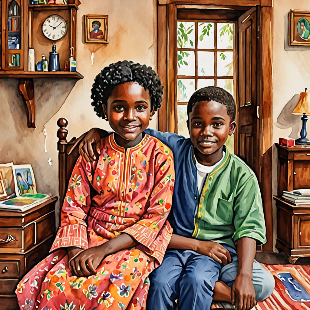 a painting of two children sitting on a bed together, one is smiling at the camera and the other is smiling, american scene painting, a detailed painting, Bob Byerley, in gouache detailed paintings