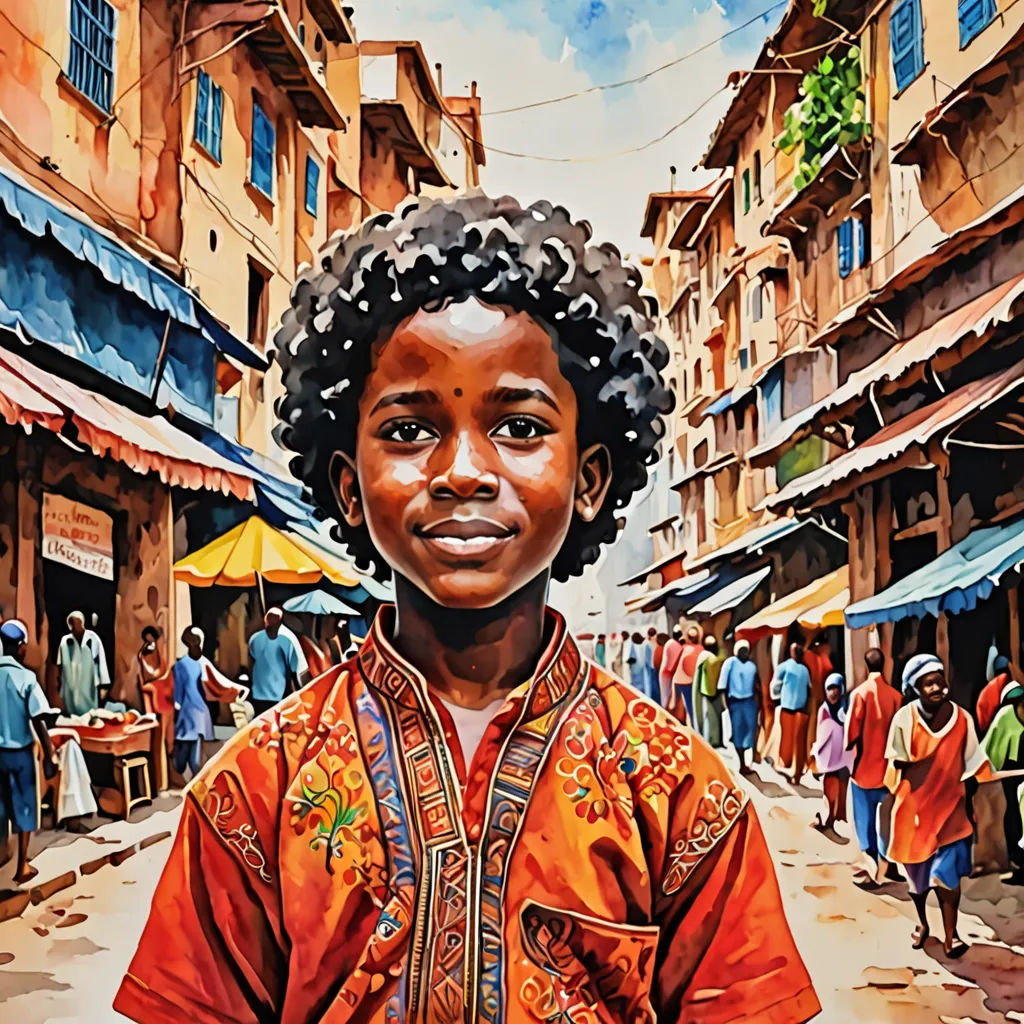 a painting of a young boy in a street with people in the background and a building with a clock on it, figurative art, an ultrafine detailed painting, Bob Byerley, in gouache detailed paintings