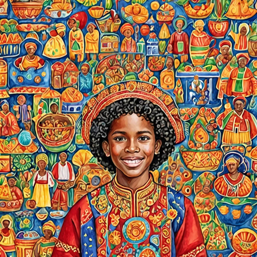 a painting of a woman in a colorful dress with many different objects on the wall behind her and a background of other colorful objects, naive art, a detailed painting, Chinwe Chukwuogo-Roy, in gouache detailed paintings