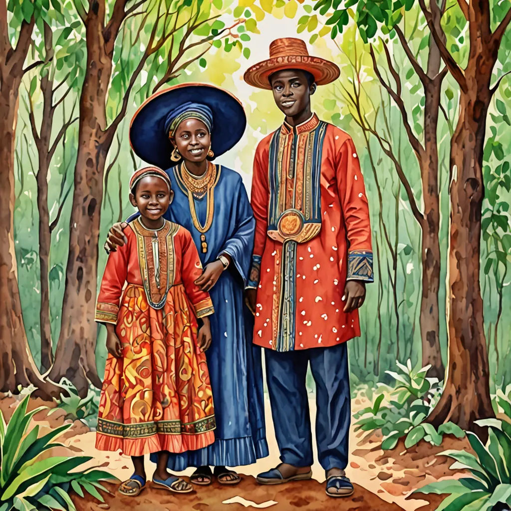 a painting of a man and woman in african attire standing in a forest with trees and foliage behind them, naive art, a storybook illustration, Chinwe Chukwuogo-Roy, in gouache detailed paintings