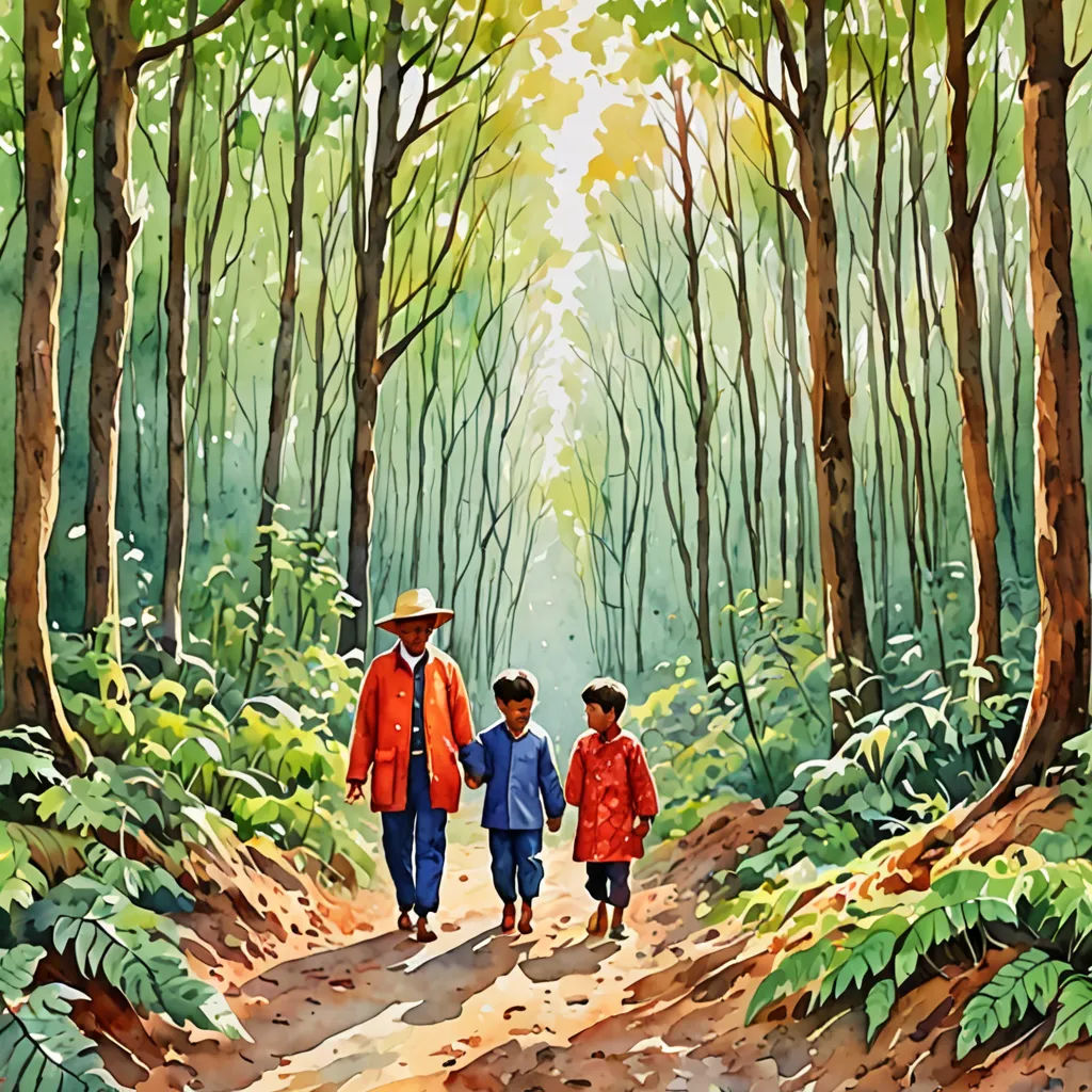 a painting of two people walking down a path in the woods with a child on the other side of the path, figurative art, a storybook illustration, Ding Guanpeng, phuoc quan