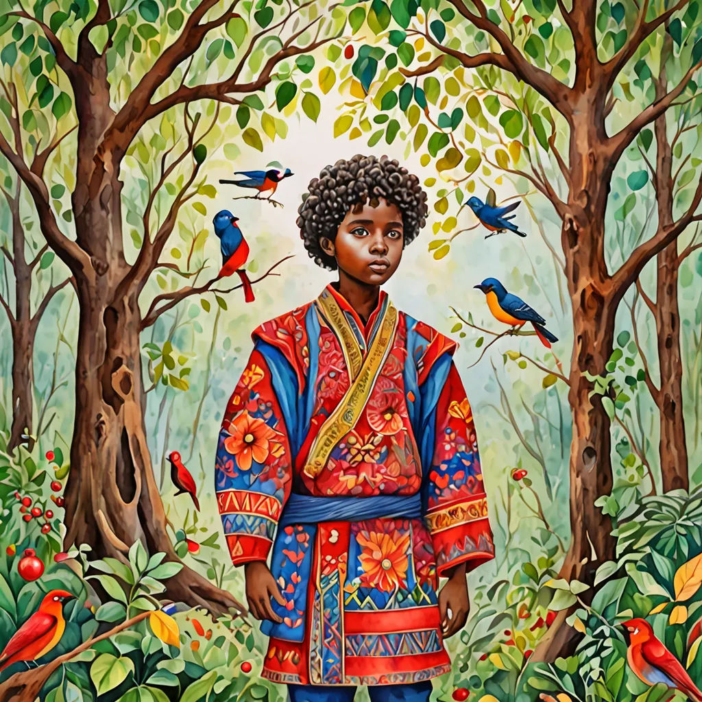 a painting of a person standing in a forest with birds on the trees and a bird on the ground, naive art, a storybook illustration, Aaron Jasinski, in gouache detailed paintings