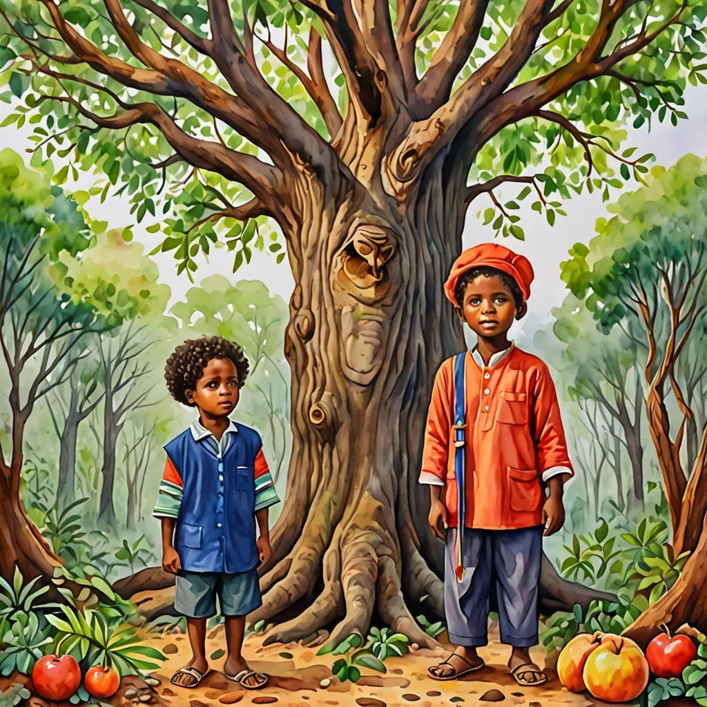 a painting of two children standing in front of a tree with a hole in it's trunk and a hole in the ground, naive art, a storybook illustration, Brothers Hildebrandt, storybook illustration
