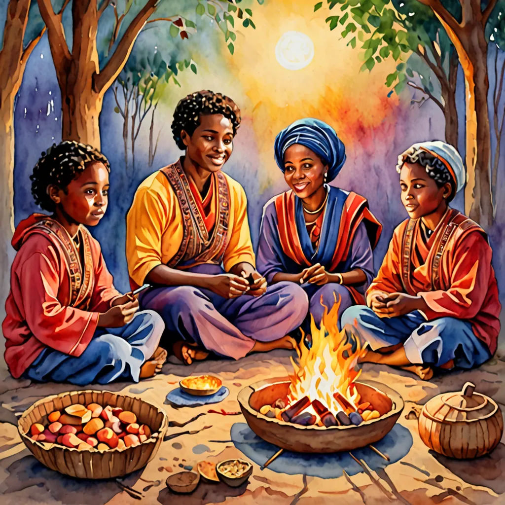 a painting of three women sitting around a fire pit with fruit on the ground and a basket of fruit on the ground, naive art, a storybook illustration, Afewerk Tekle, storybook illustration