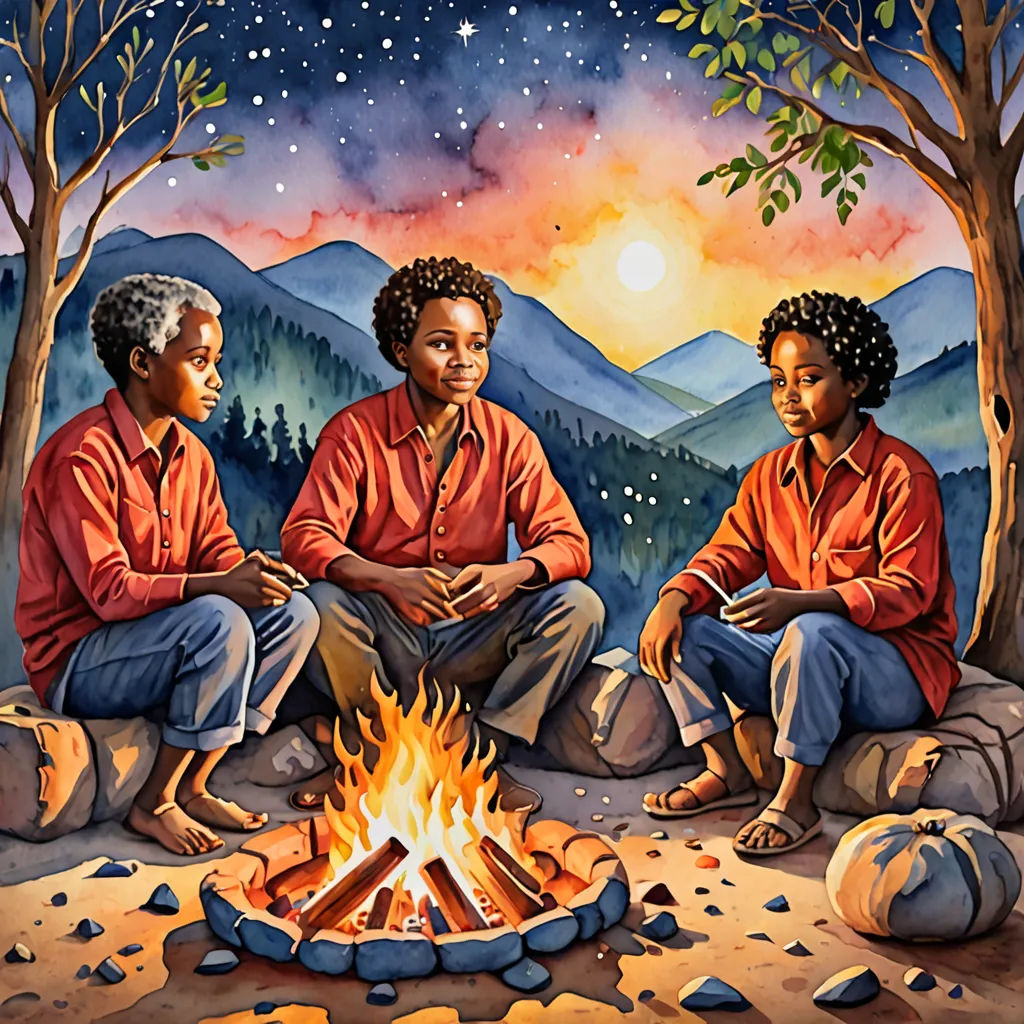 three people sitting around a campfire with a night sky in the background and a mountain range in the background, naive art, a storybook illustration, Chinwe Chukwuogo-Roy, highly detailed digital painting