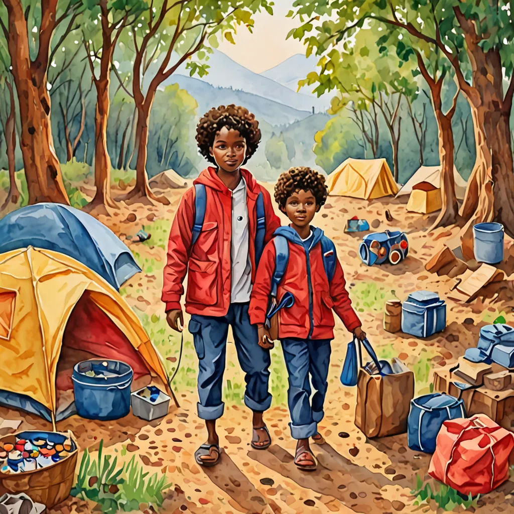 a painting of a man and a child walking through a camping area with tents and trees in the background, american scene painting, an ultrafine detailed painting, Brothers Hildebrandt, in gouache detailed paintings
