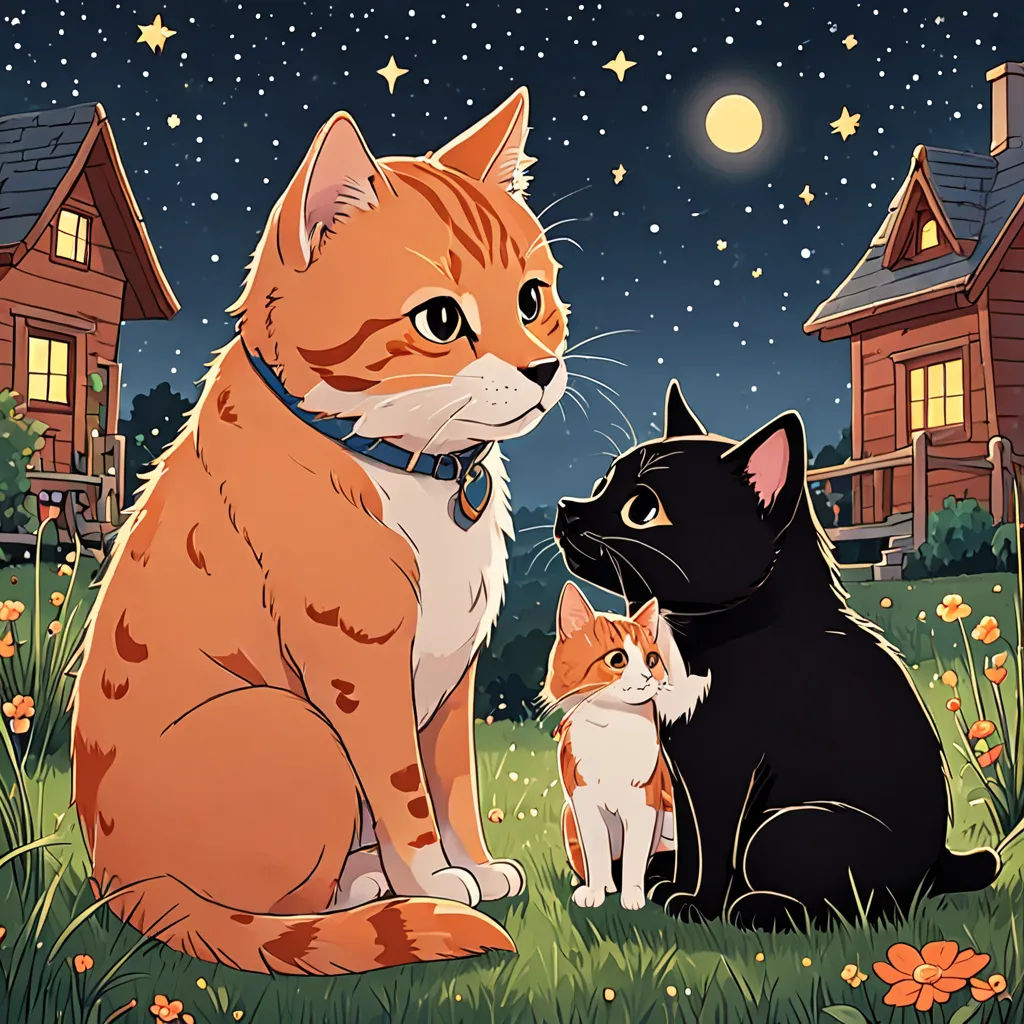 a cat and two kittens sitting in the grass at night with a full moon in the background and stars in the sky, Anne Said, sots art, a storybook illustration, official art