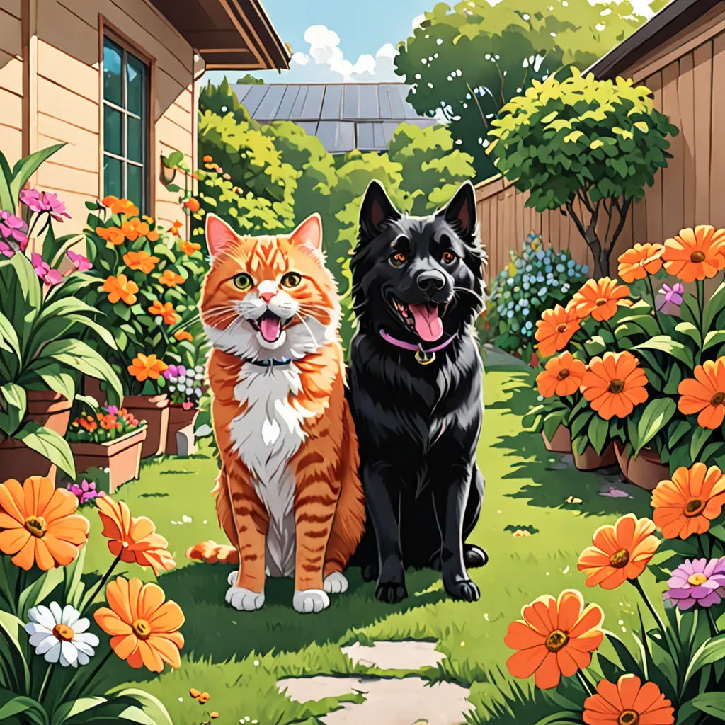 a painting of two cats and a dog in a garden with flowers and a house in the background with a sky background, Anne Said, sots art, an album cover, official art