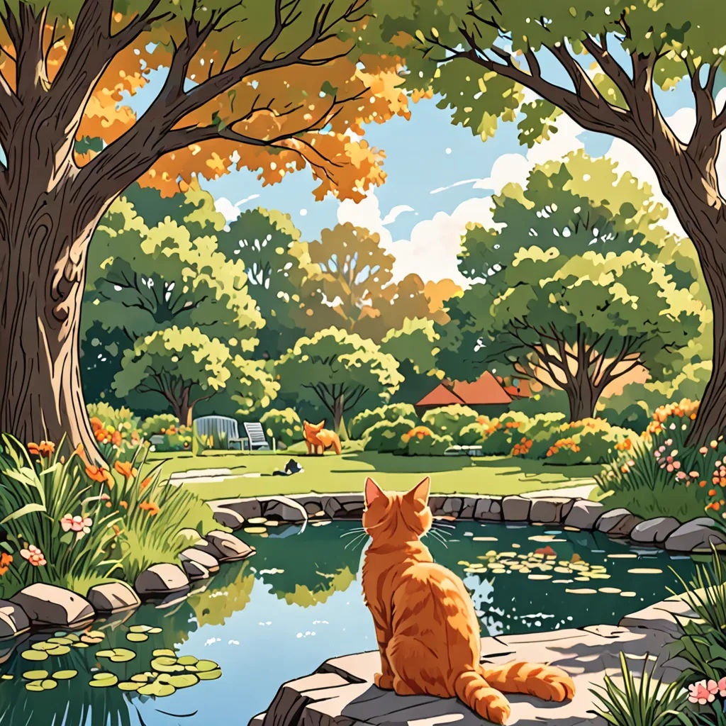 a cat sitting on a rock looking at a pond in a park with trees and flowers around it,, Chris LaBrooy, environmental art, a storybook illustration, official art