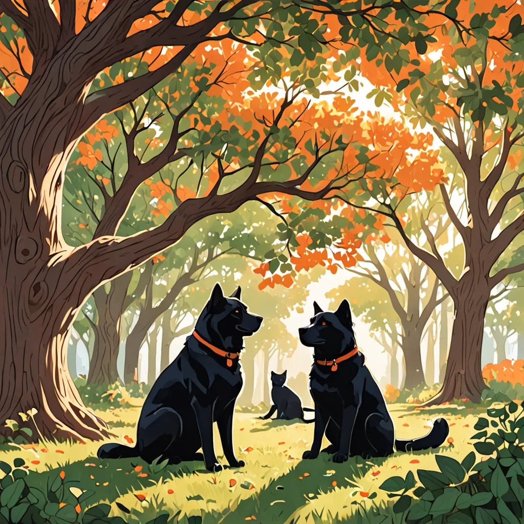 two dogs and a cat sitting in the grass under a tree in a forest with leaves on the ground, Atey Ghailan, generative art, a storybook illustration, storybook illustration