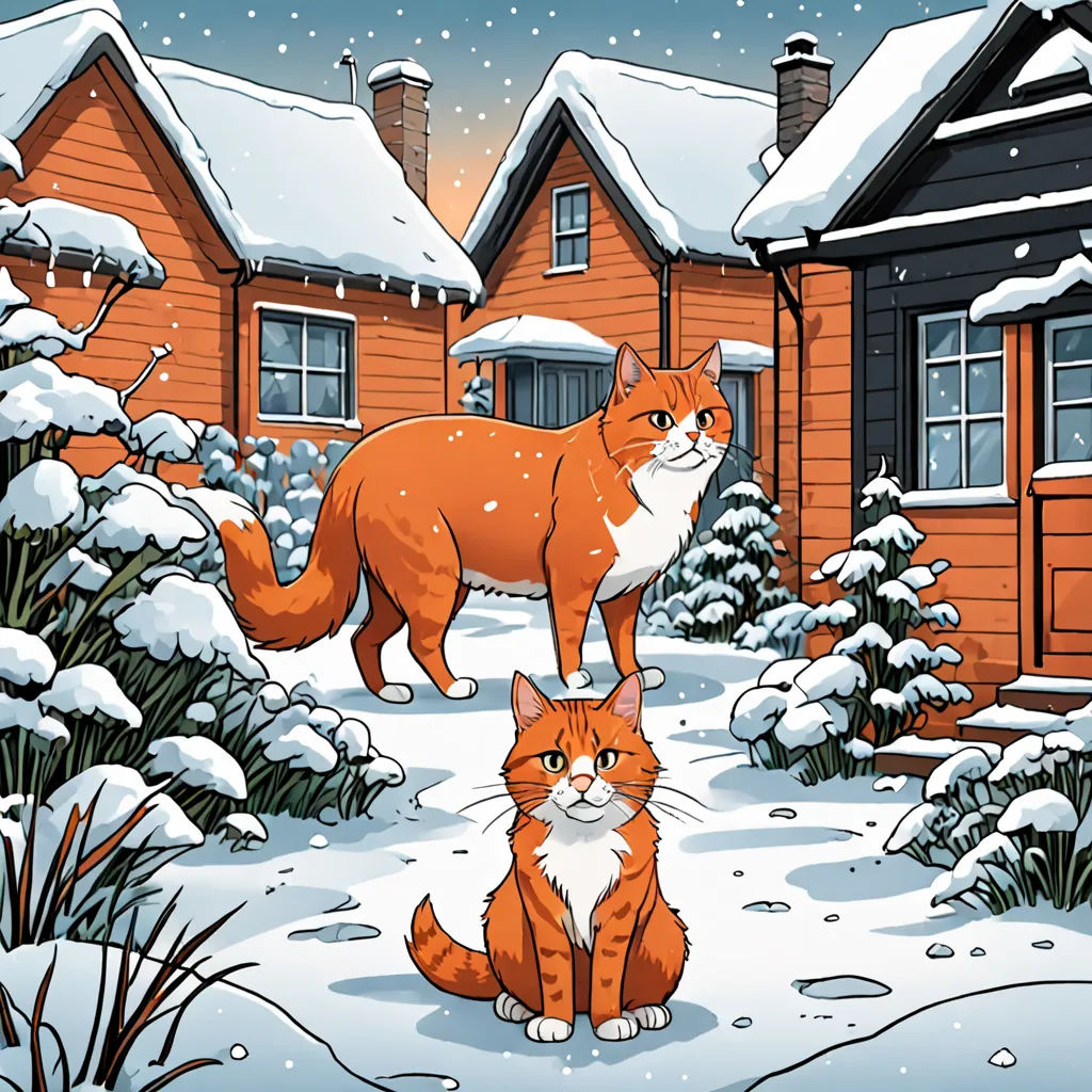 a cat and a fox standing in the snow in front of a house with snow on the roof and bushes, Dan Mumford, naive art, a storybook illustration, storybook illustration