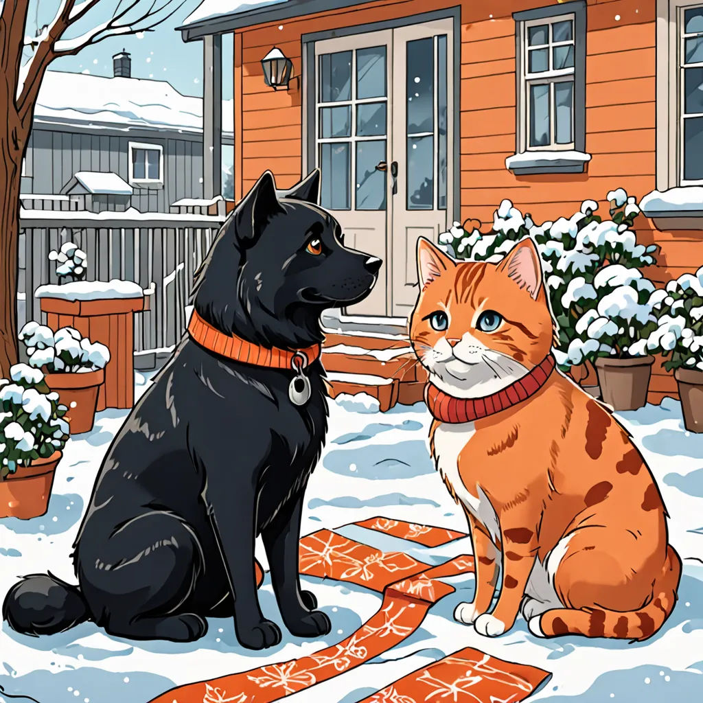 a cat and a dog sitting in the snow outside a house with a snow covered yard and trees in the background, Felix-Kelly, sots art, a storybook illustration, comic cover art