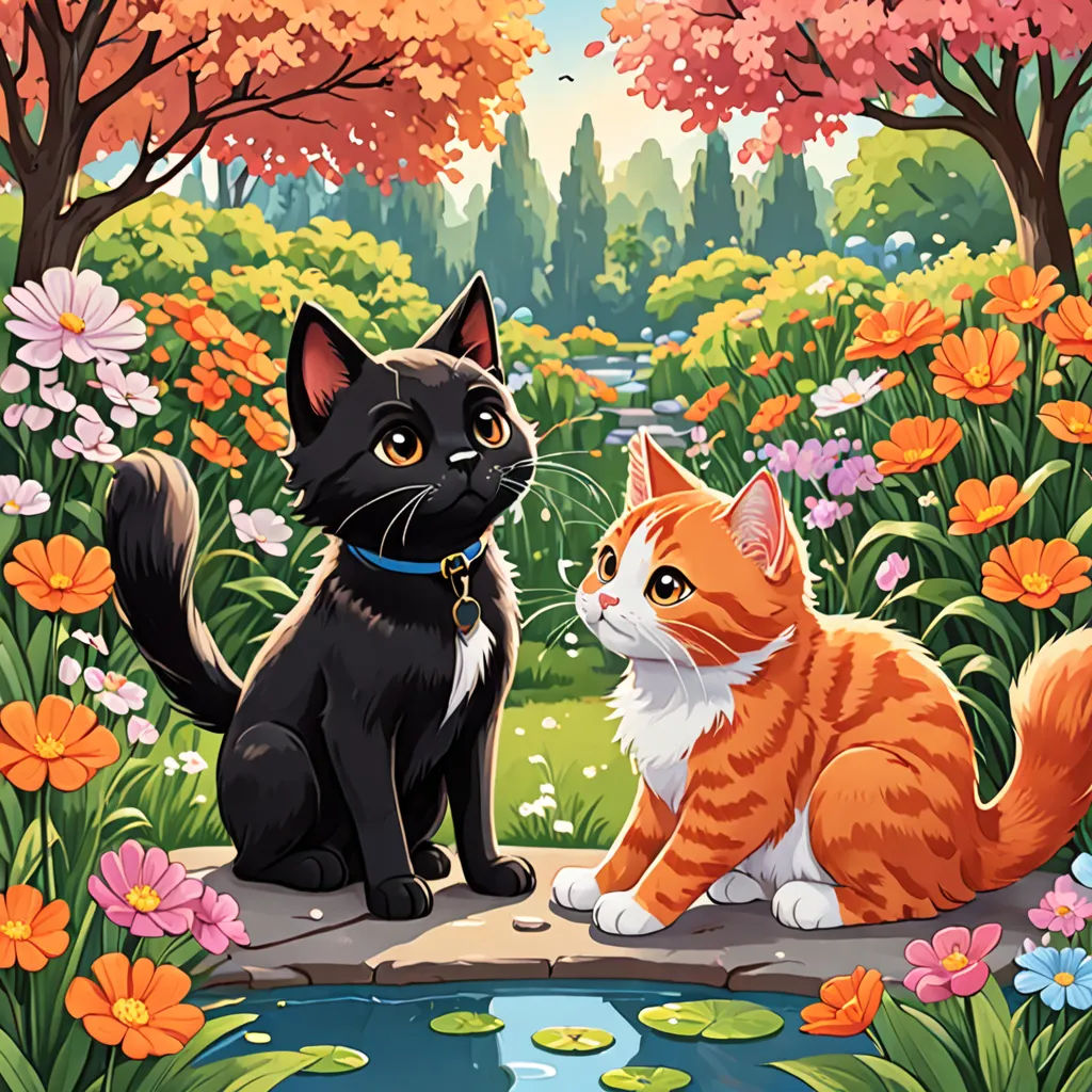 a cat and a cat sitting on a rock in a garden with flowers and trees, and a pond, Anne Said, sots art, a storybook illustration, official art