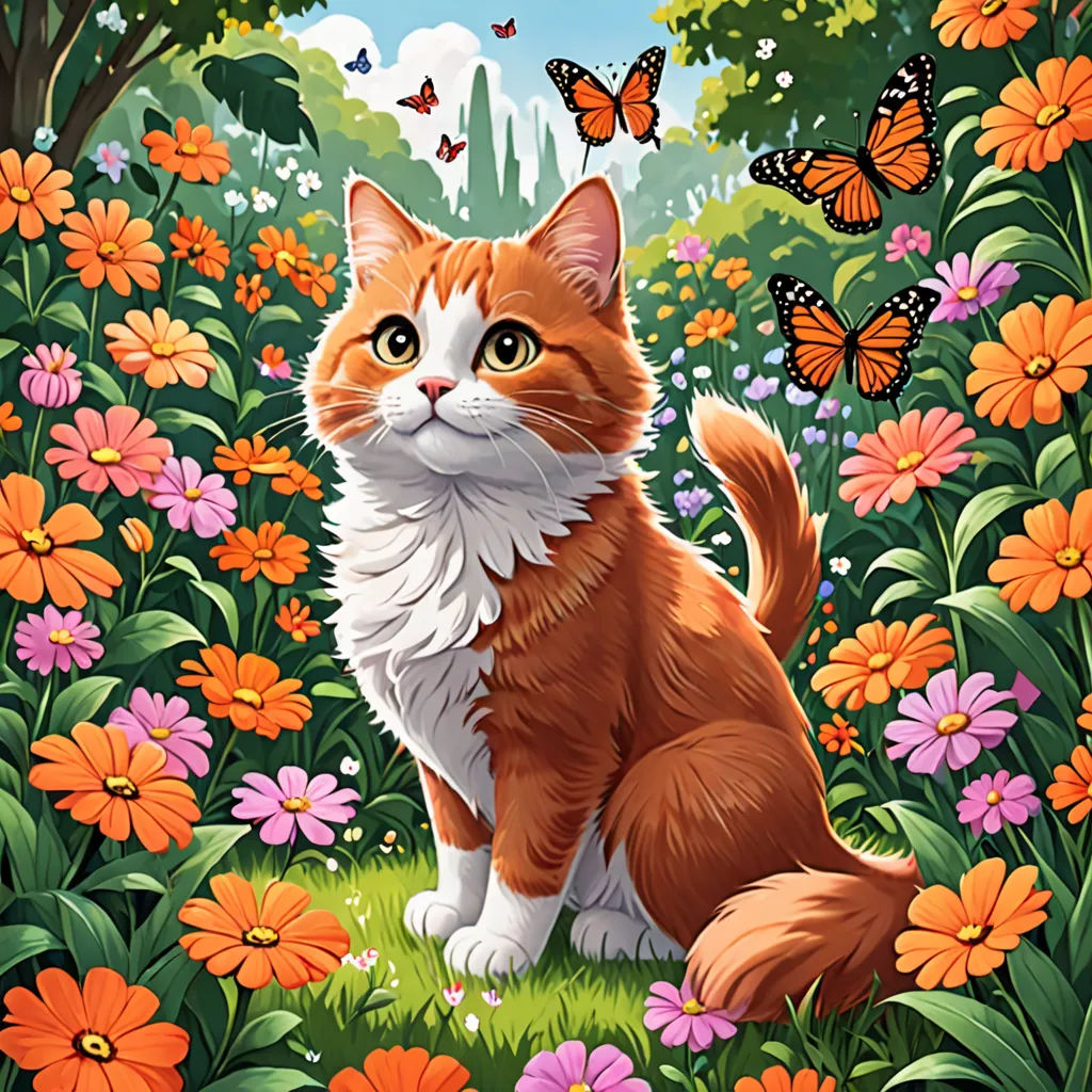 a cat sitting in a field of flowers with a butterfly flying above it and a butterfly flying above it, Chris LaBrooy, sots art, a storybook illustration, official art