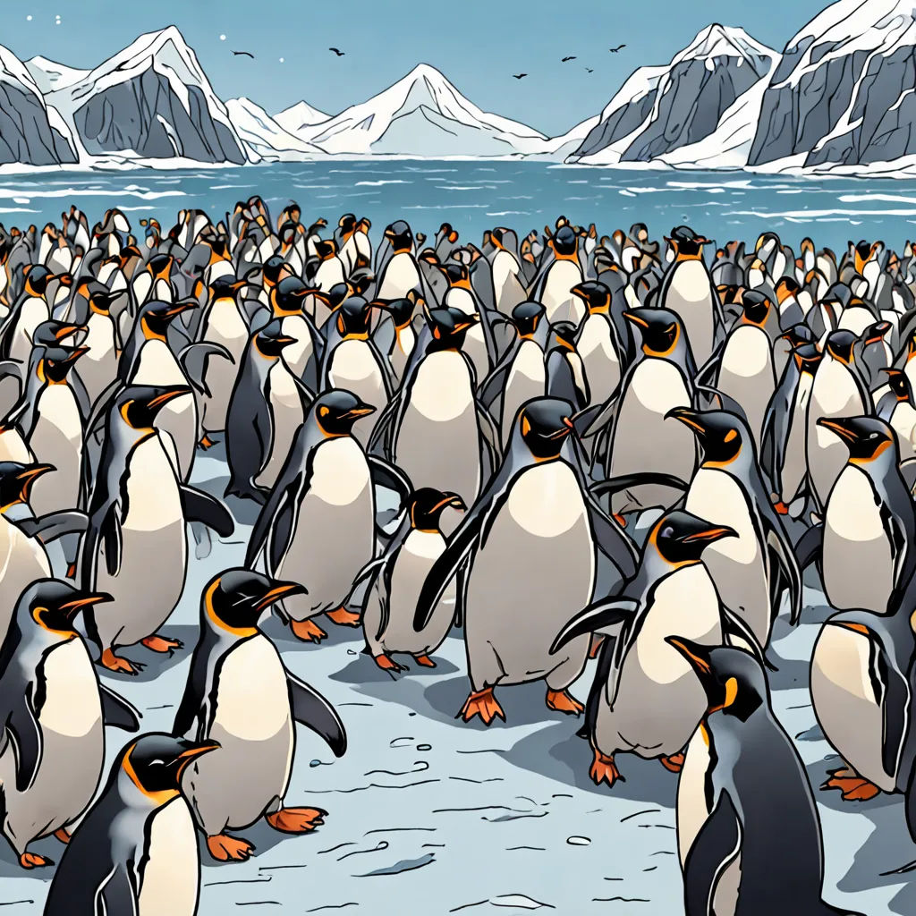 a large group of penguins standing in the snow together, with mountains in the background and a blue sky, Asaf Hanuka, laurie greasley, a comic book panel, context art