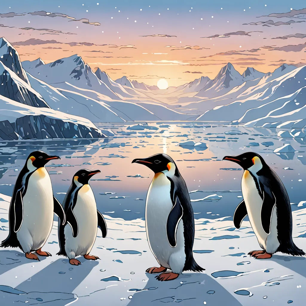 three penguins standing on a snowy surface with mountains in the background and a sunset in the distance, with a lake in the foreground, Cliff Childs, official art, a storybook illustration, environmental art