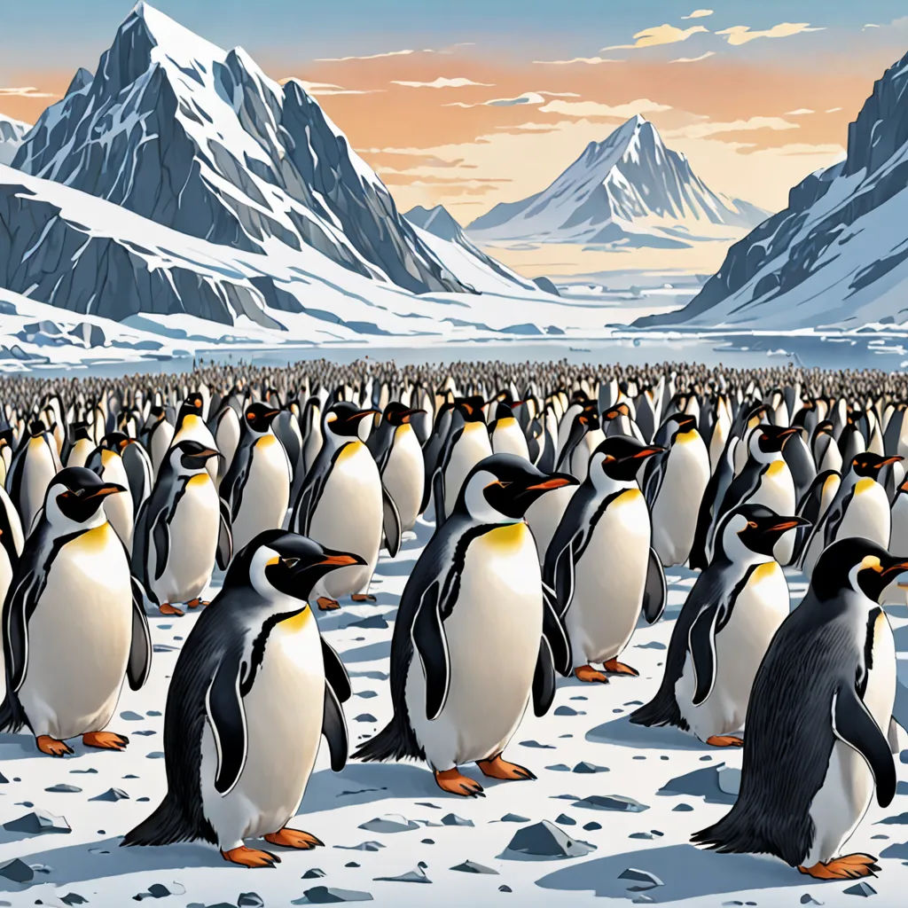 a large group of penguins standing in the snow together, with mountains in the background, and a sunset, David A Hardy, detailed illustration, a detailed matte painting, computer art