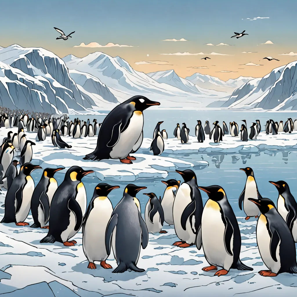 a group of penguins standing on a snow covered field next to a lake and mountains with birds flying overhead, Asaf Hanuka, detailed illustration, an illustration of, ukiyo-e