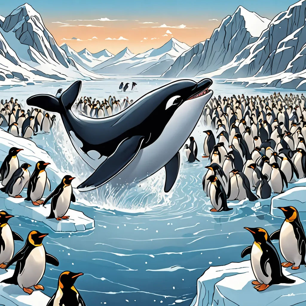 a penguin and a whale are swimming in the water with penguins around them and mountains in the background, and a penguin is jumping out of water, David Martin, detailed illustration, a comic book panel, environmental art