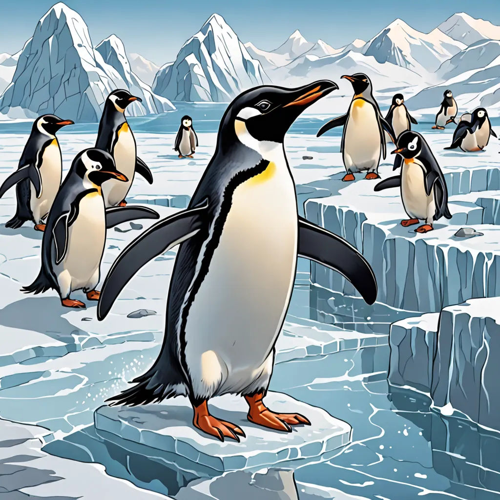 a group of penguins standing on ice in the snow with mountains in the background and a blue sky with clouds, Cliff Childs, promotional image, a comic book panel, environmental art