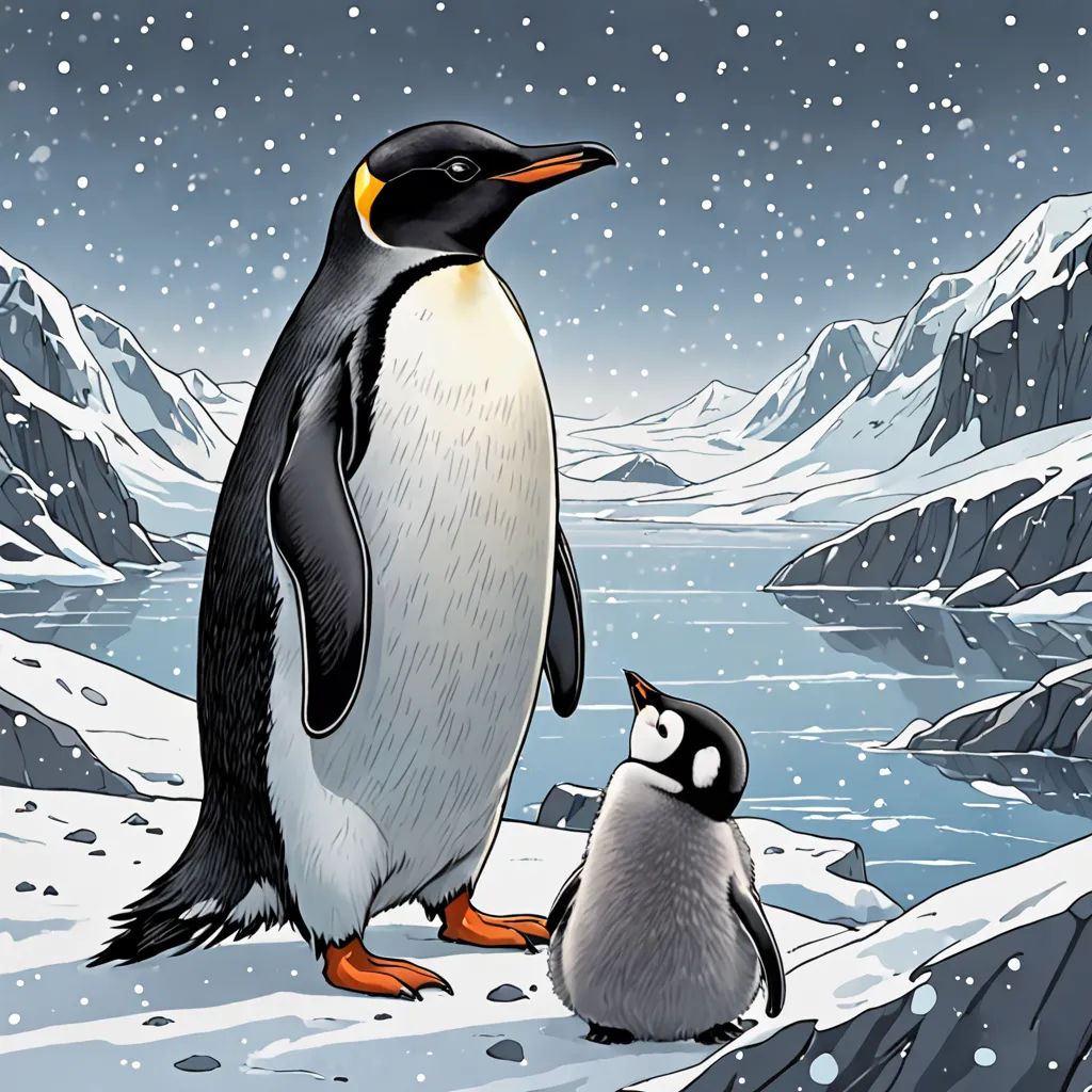 a penguin and a penguinling standing on a snowy hill with a lake in the background and snow falling on the ground, Cliff Childs, promotional image, a storybook illustration, space art