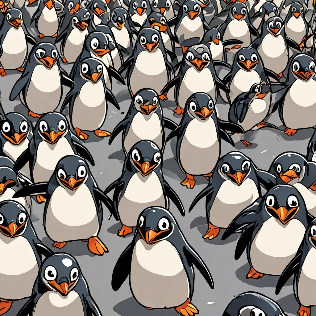 a large group of penguins standing together in a row on a beach or ocean floor, with one penguin facing the camera, Diego Gisbert Llorens, trending on furaffinity, concept art, context art