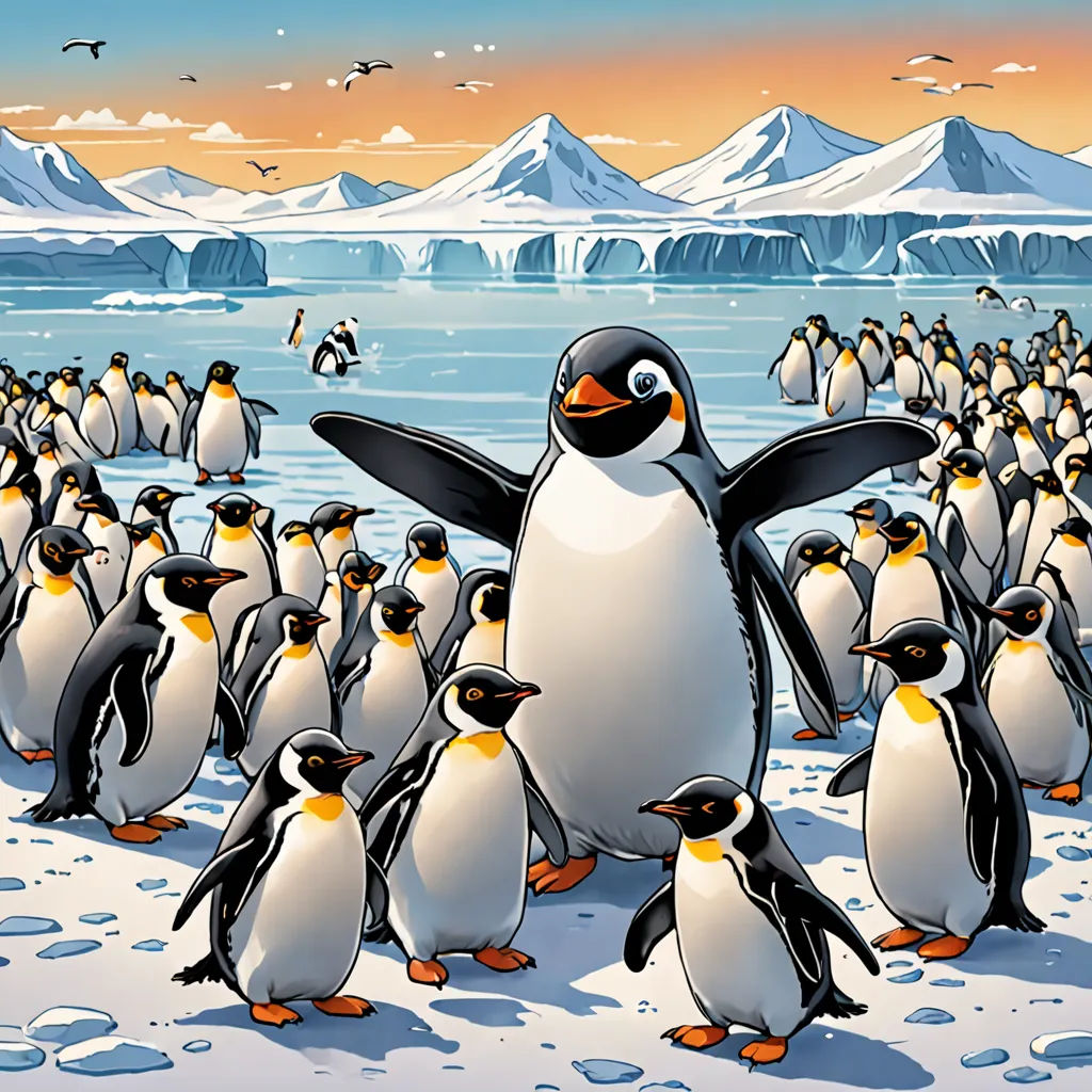 a large group of penguins standing in the snow near a mountain range with a penguin in the foreground, Cliff Childs, detailed illustration, a storybook illustration, lyco art