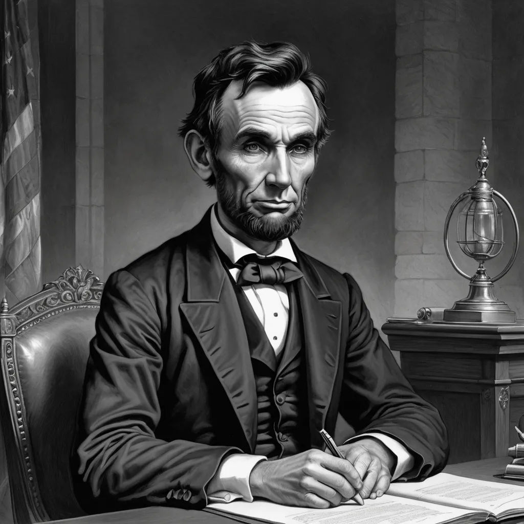 a drawing of abraham lincoln sitting at a desk with a pen in his hand and a book in his lap, american scene painting, an ultrafine detailed painting, Andrew Loomis, highly detailed digital painting