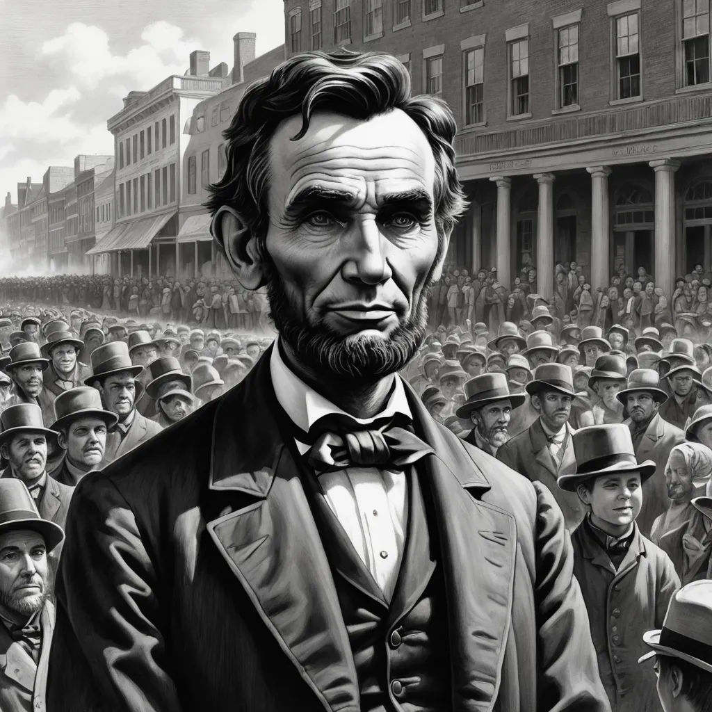 a painting of abraham lincoln in front of a crowd of people in a city street with a building in the background, american scene painting, a detailed matte painting, Americo Makk, highly detailed digital painting