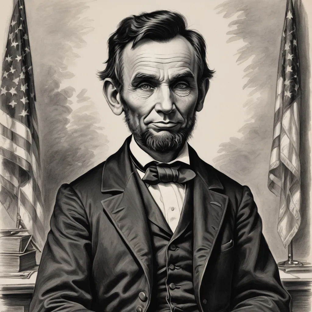 a drawing of abraham lincoln in a suit and tie with american flags in the background and a portrait of abraham lincoln, american scene painting, a charcoal drawing, Drew Struzan, highly detailed digital painting