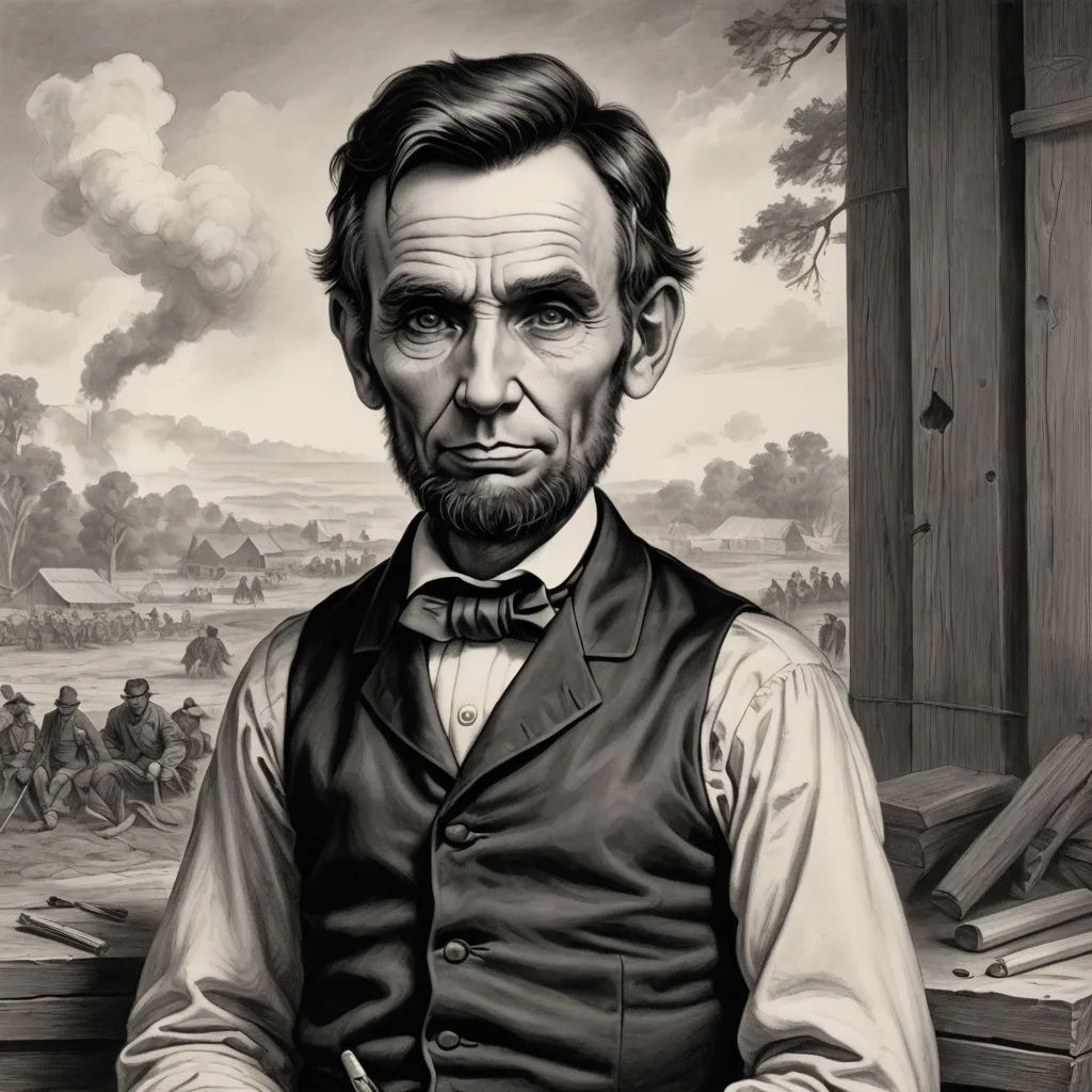 a painting of abraham lincoln in front of a painting of a civil war scene with a man in a vest, american scene painting, an ultrafine detailed painting, Dan Hillier, highly detailed digital painting