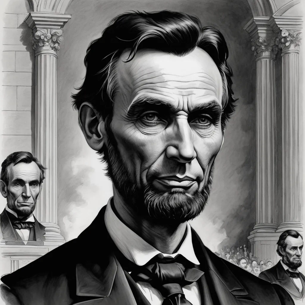 a drawing of abraham lincoln with three men in the background, one of which is wearing a suit and tie, american scene painting, an ultrafine detailed painting, Drew Struzan, highly detailed digital painting