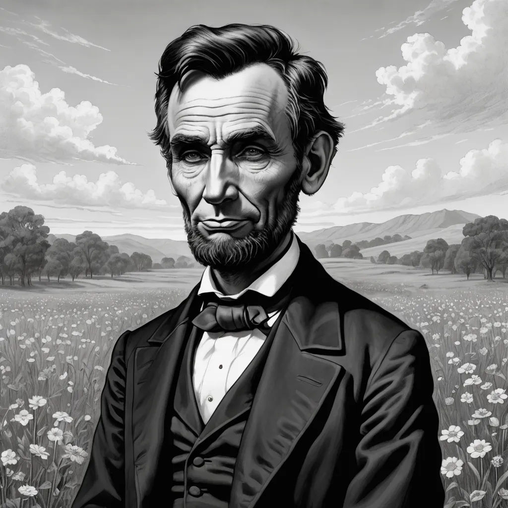 a drawing of abraham lincoln in a field of flowers with a sky background and clouds in the background,, american scene painting, an ultrafine detailed painting, F. Scott Hess, highly detailed digital painting