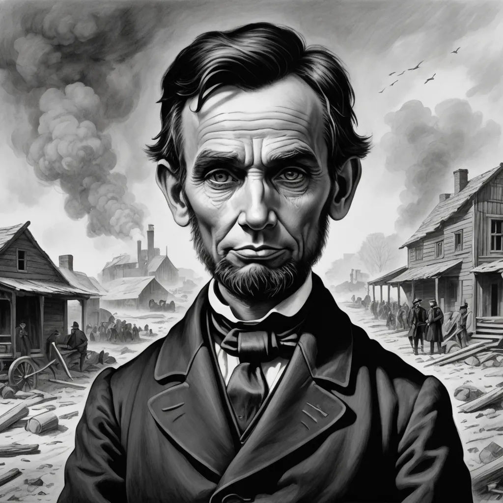 a painting of abraham lincoln in front of a burning house and a man in a suit with a beard, american romanticism, a character portrait, Dan Hillier, highly detailed digital painting